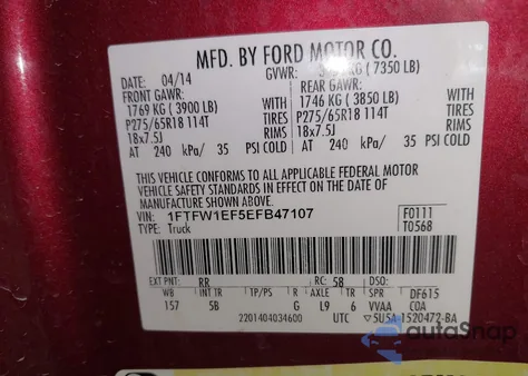 2014 Ford F-150 Fx4 z USA, uszkodzony, nr VIN 1FTFW1EF5EFB47107